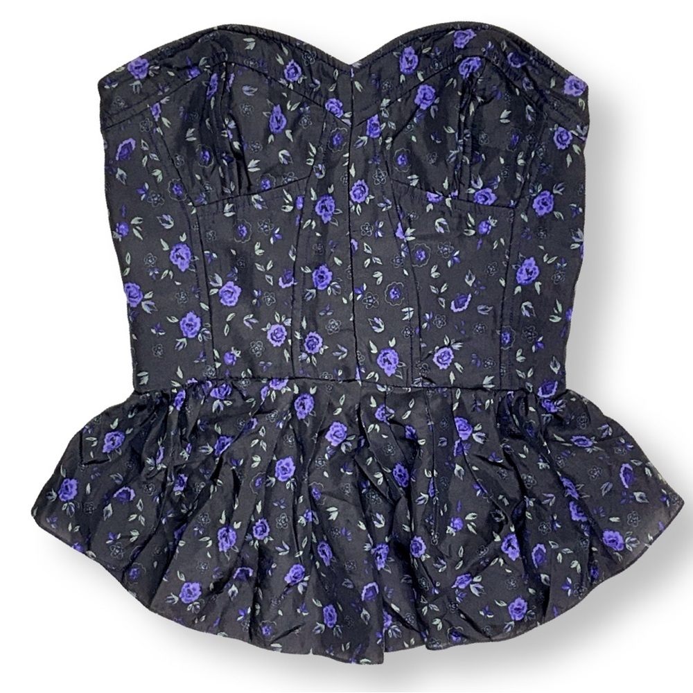 [ REBECCA TAYLOR ] Legendary Skirted Bustier in Black w/Violet Ditzy Floral : 0